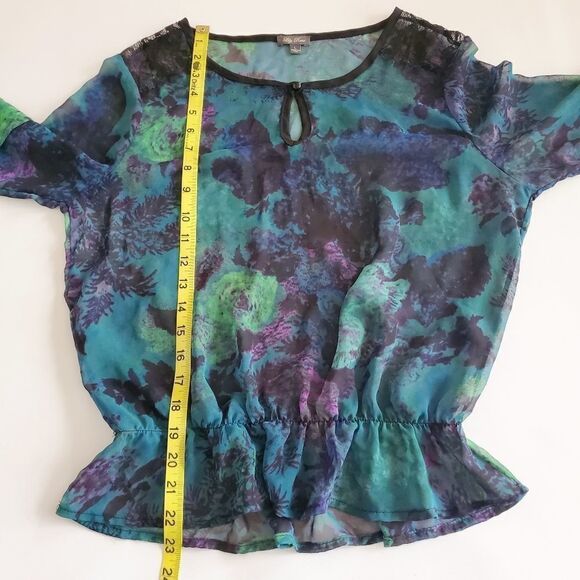 1201 * Lily Rose Floral Sheer Blouse Blue Green Size L - Picture 8 of 10